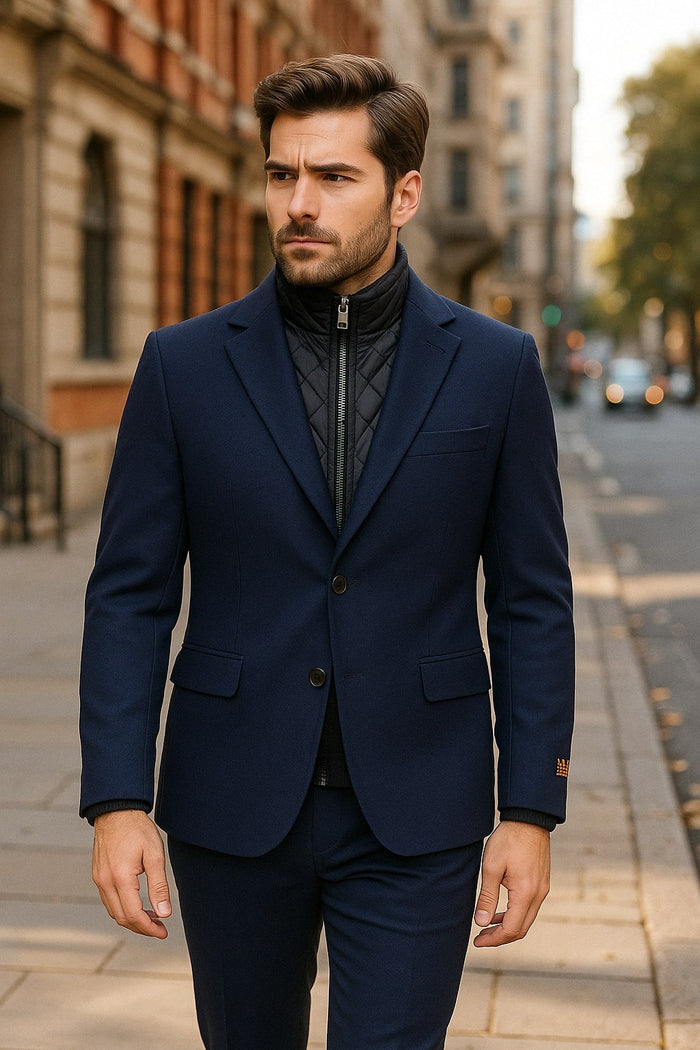 Mens Navy Cashmere and Wool Blazer with Quilted Zip-Up Inner Layer - Two Button Style Notch Lapel