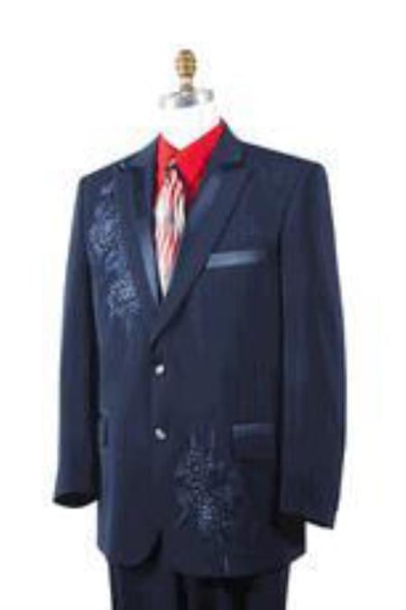 Men's Dark Navy Poly Woven Rhinestone Entertainer Suit
