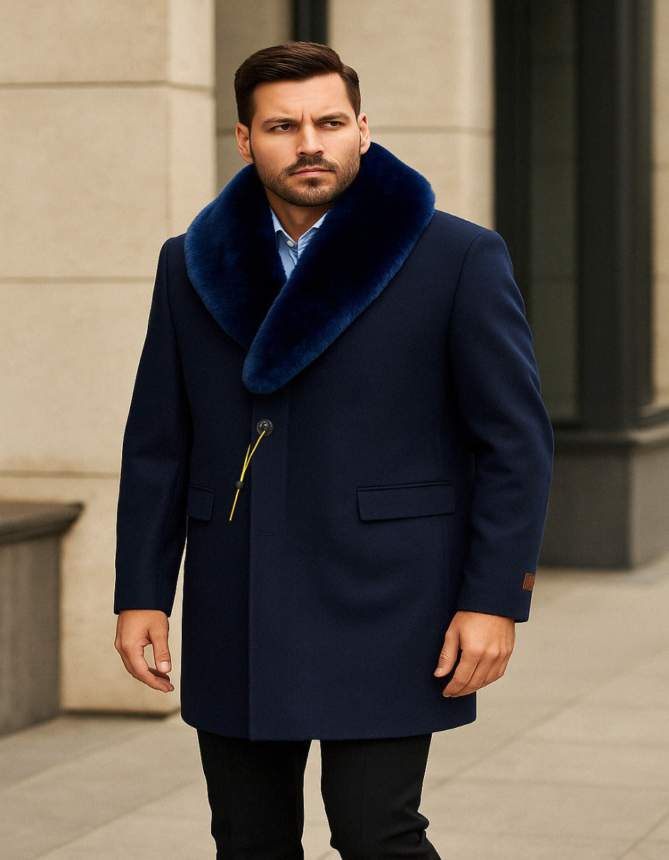 Mens Navy Wool Overcoat with Royal Blue Faux Fur Shawl Collar Cashmere Carcoat