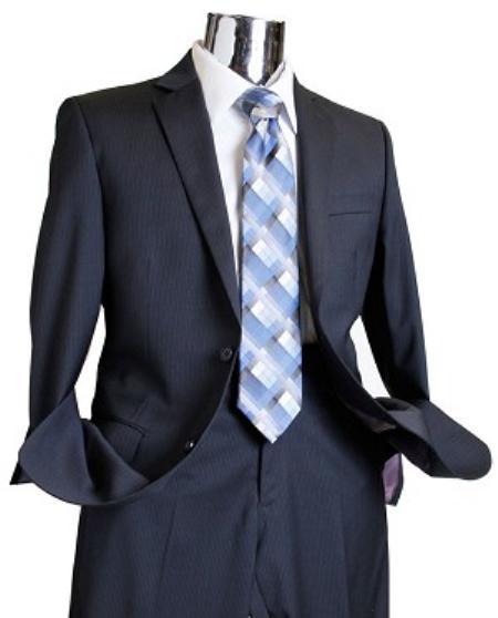 Men'S Dark Navy Tone On Tone 100% - Dark Blue Suit - 100% Percent Wool Fabric Suit - Worsted Wool Business Suit
