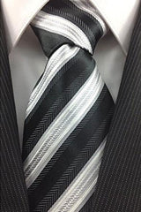 Men's Necktie Black White and Silver Classic Pinstripe Design Fashion Tie -Men's Neck Ties - Mens Dress Tie - Trendy Mens Ties