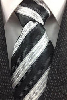 Men's Necktie Black White and Silver Classic Pinstripe Design Fashion Tie -Men's Neck Ties - Mens Dress Tie - Trendy Mens Ties