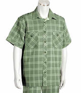 Men's Olive 2 Piece Windowpane Button Front Collar Casual Two Piece Walking Outfit For Sale Pant Sets Suit