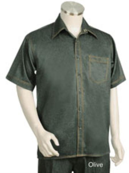Men's Olive Tone Button Closure Short Sleeve Mens Walking Suit