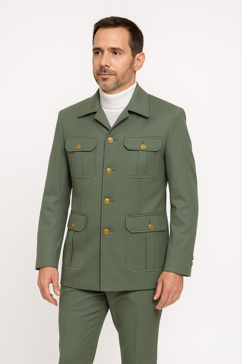 Mens Olive Green Safari Suit Set with Utility Jacket and