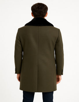 Mens Olive Green Wool Overcoat with Black Faux Fur Shawl Collar – Double Breasted Winter Coat