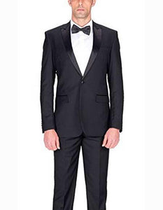 Authentic Braveman Men's 1 Button Black Slim Fit Tuxedo Suit With Satin Peak Lapels