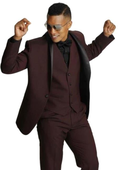 Men's One Button Shawl Black Lapel Tuxedo Burgundy ~ Wine ~ Vested Burgundy Suit