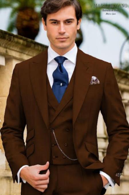 Mens One Button Peak Lapel Suit Brown