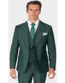 Mens One Button Single Breasted Peak Lapel Double Breasted Vest Ticket Pocket Suit Olive Green
