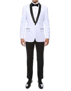 Men's One Button Shawl Lapel White 2 Piece Slim Fit Tuxedo Suit