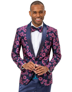 Mens Paisley Jeweled Shawl Prom Tuxedo Blazer in Magenta