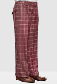 Mens Pant - Wide Leg Plaid Slacks - Brick - 100% Percent Wool Fabric