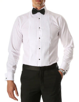Men's Paris White Regular Fit Lay Down Collar Pleated Tuxedo Shirt