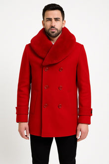 Mens Peacoat Color Red Color - Wool Overcoat with Faux Fur Shawl Collar – Double-Breasted Peacoat for Winter