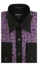 Two Toned Lay Down Collar Solid Accents Microfiber Design Paisley Regular Fit Pink Purple and Black Men's Dress Shirt