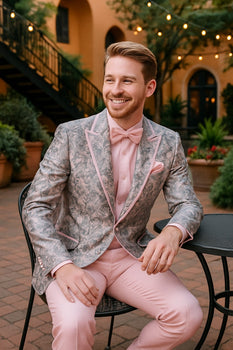 Mens Pink and Grey Floral Tuxedo with Satin Trim Prom and Wedding Suit with Bow Tie and Flower Pin Gray and Pink / 52 Regular Jacket+46 Waist Adjust Mens Pink and Grey Floral Tuxedo with Satin Trim Prom and Wedding Suit with Bow Tie and Flower Pin Gray and Pink / 52 Regular Jacket+46 Waist Adjust