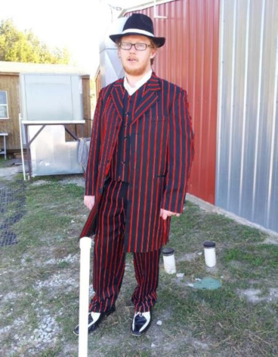 Mens Pinstripe Zoot Suit with Matching Shoe Suit Black and Hot Red