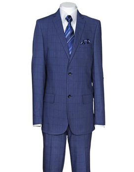 Men's Plaid Window Pane Pattern Cheap Priced Business Suits Clearance Sale Side Vent Regular Fit Dark Navy