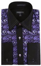 Purple/Black Microfiber Design Paisley Regular Fit Men's Dress Shirt