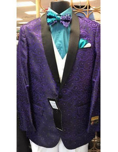 Men's Purple Floral Pattern Fashion big and tall Buttons Closure Black Satin Blazer