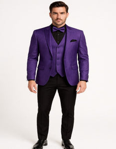 Mens Purple Paisley Tuxedo – 3 Piece Suit with Bow Tie and Black Pants | Wedding & Prom Outfit - Slim Fitted