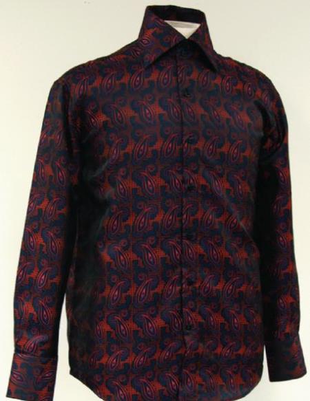 Fancy Polyester Dress Fashion Club Clubbing Clubwear With Button Cuff Navy/Red Men's Dress Shirt Night Club Outfit guys Wear For Men Clothing Fashion