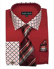 Cotton Blend Solid/Polka Dot Pattern Red Shirt With Matching Tie & Hanky Men's Dress Shirt