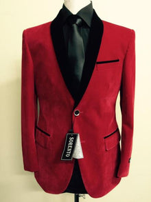 Men's Red Velvet ~ Tuxedo Black Lapeled  - Red Tuxedo