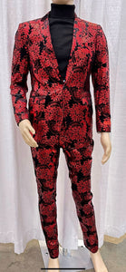 Mens Red and Black Floral Brocade Tuxedo Suit – Two Piece Slim Fit Set