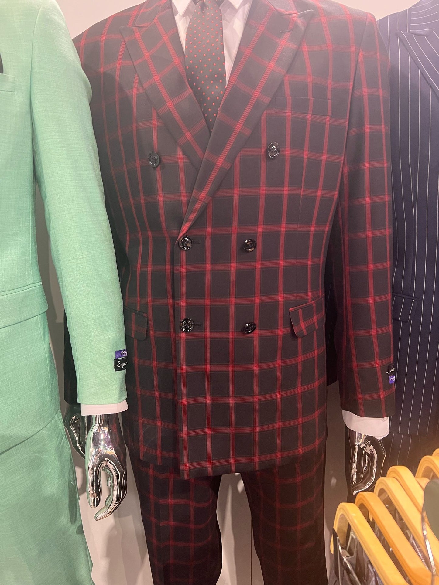 Tartan Christmas New Year Holiday Black and Red Suit - Double Breasted Style Slim Fit Windowpane Pattern