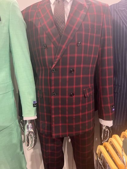 Tartan Christmas New Year Holiday Black and Red Suit - Double Breasted Style Slim Fit Windowpane Pattern