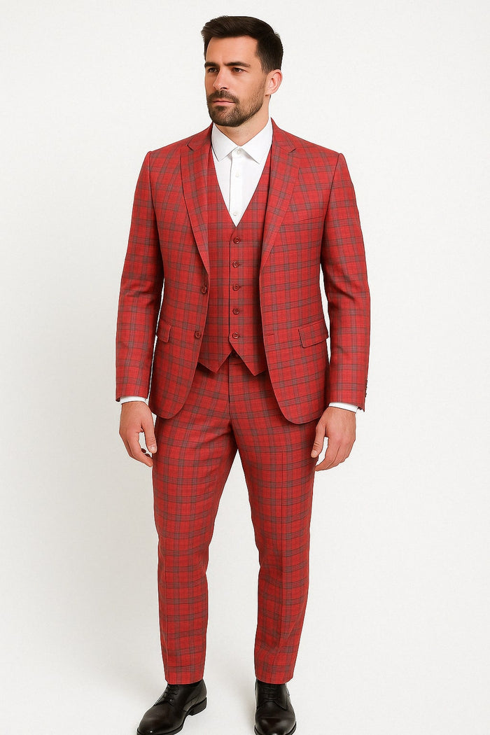 Mens Red and Grey Plaid 3-Piece Suit with Vest - Peak Lapel By Dominique Wilson Modern Fit
