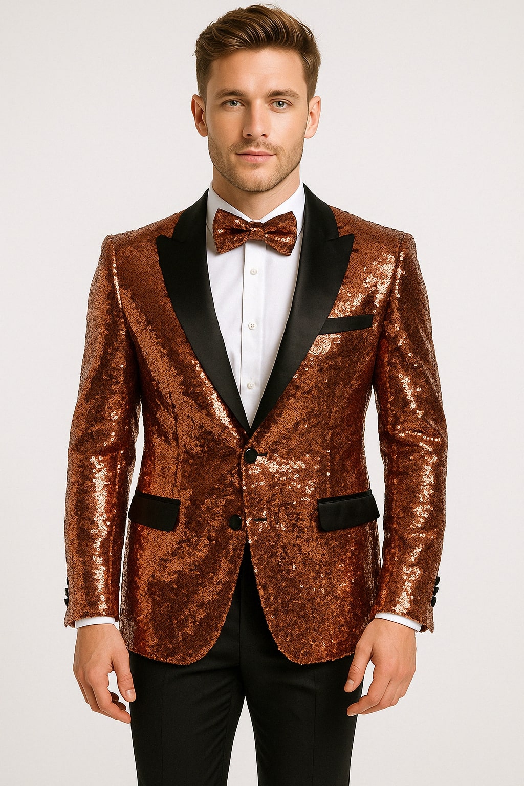 slim fit dress slacks 34 Men's Rose Gold Sequin Tuxedo Suit with Black Satin Lapel â€“ Luxury  Slim Fit Blazer for Parties and Events main image 1