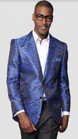 Mens Royal Blue Paisley Blazer - Big and Tall Sport Coat With Bowtie
