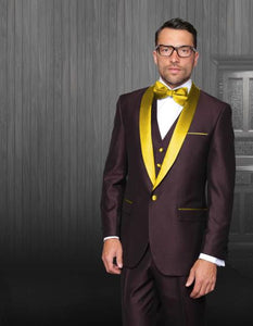 Men's Shawl Lapel Burgundy Tuxedo Gold