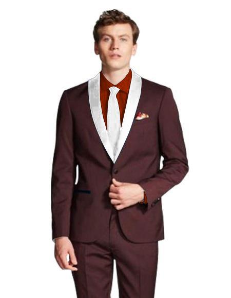 Men's Shawl Lapel Maroon/White ~ Wine ~ Maroon Suit Tuxedo Burgundy Suit