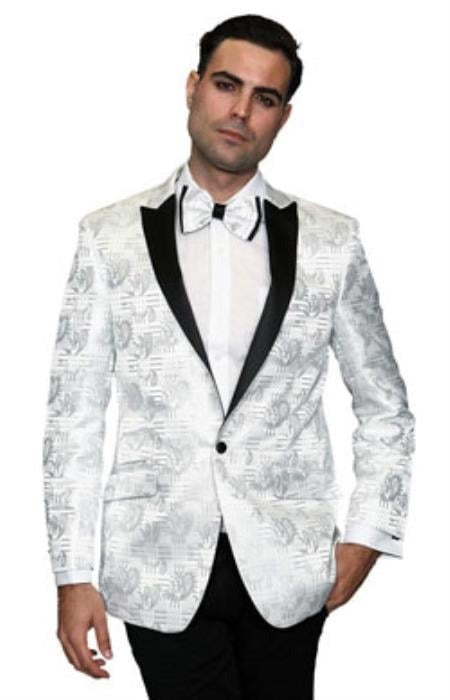 Men's Flashy Fancy Satin Shiny Tuxedo Dinner Jacket Blazer Paisley Sport Coat Silky Satin Stage Fancy Stage Party Dance White/Black Tuxedo