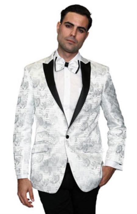 Men's Flashy Fancy Satin Shiny Tuxedo Dinners Jacket Blazer Paisley Sport Coat Silky Satin Stage Fancy Stage Party Dance White/Black