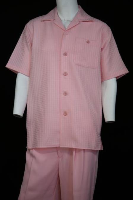 Men's Vintage Grid Short Sleeve Casual Two Piece Walking Outfit For Sale Pant Sets Suit Blush Point Collar