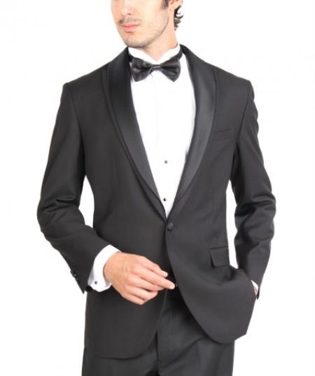 Men'S One Button Slim Fit Solid Black Side Vents Tuxedo Suits With Shawl Lapel main image 0