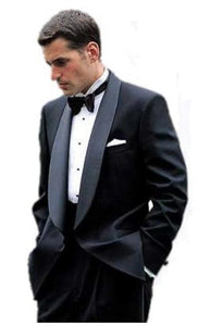 Elegant luxurious Plain back Black 1 Button shawl collar Tuxedo Side Vents No Pleated Pants