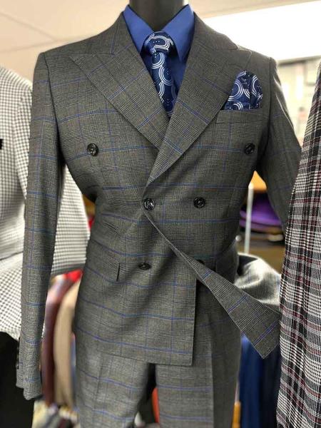 Mens Six Button Peak Lapel Double Breasted Charcoal Suit