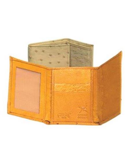 Men's Genuine Exotic Animal Skin Ferrini Genuine Full Quill Ostrich Trifold Wallet Oryx,Cognac