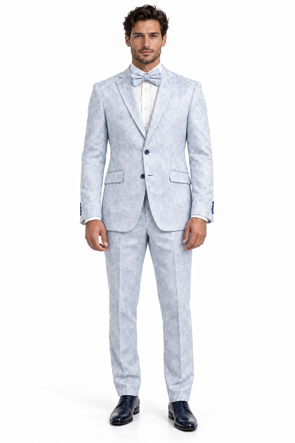 Men Paisley Suit Color Jacket Pants Sky Powder Blue - Light blue  Prom Floral Pattern Wedding Groom