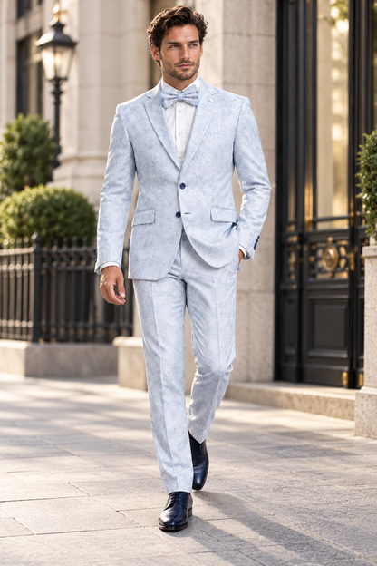 Men Paisley Suit Color Jacket Pants Sky Powder Blue - Light blue  Prom Floral Pattern Wedding Groom
