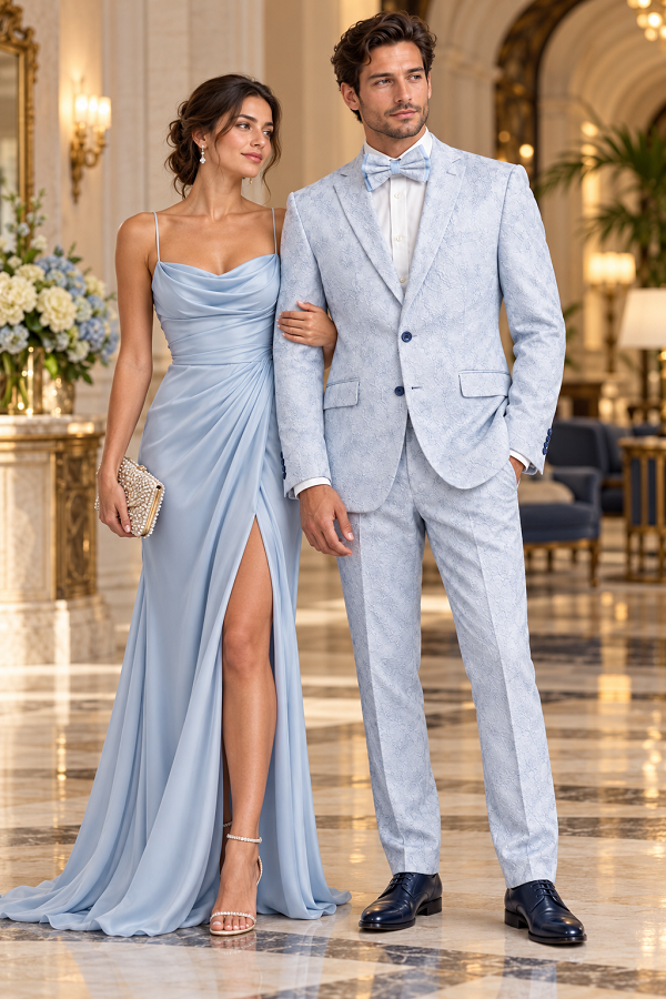 Men Paisley Suit Color Jacket Pants Sky Powder Blue - Light blue  Prom Floral Pattern Wedding Groom