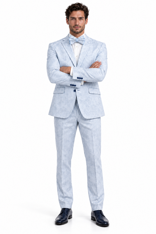 Men Paisley Suit Color Jacket Pants Sky Powder Blue - Light blue  Prom Floral Pattern Wedding Groom