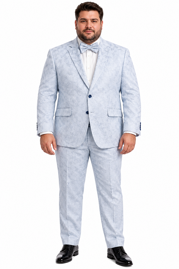 Men Paisley Suit Color Jacket Pants Sky Powder Blue - Light blue  Prom Floral Pattern Wedding Groom