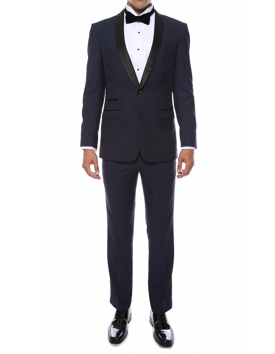 Mens Slim Fit Sharkskin Shawl Prom Tuxedo in Navy Blue main image 1